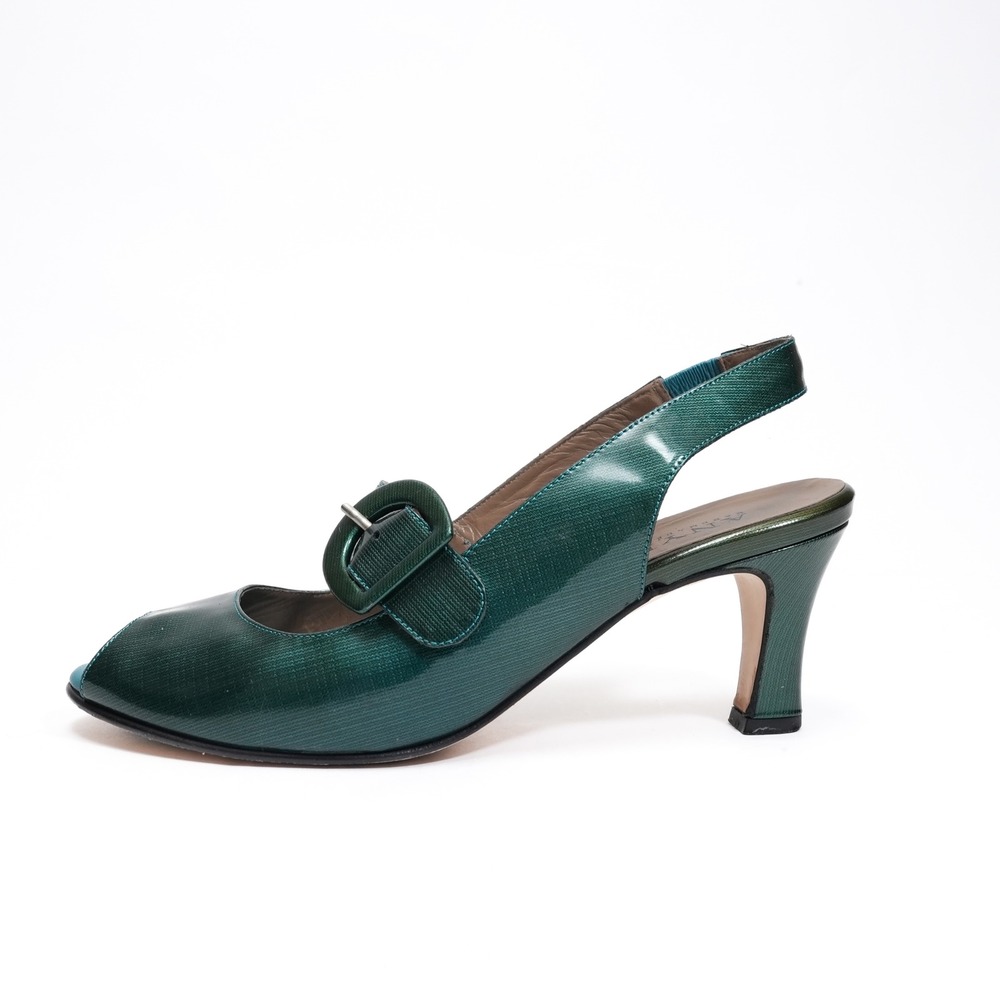 Anyi Lu Womens 9 EU 38.5 Green Leather Slingback Heels Italy Buckle Open Toe
